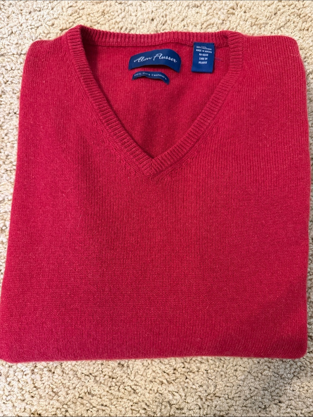 Alan Flusser Men's Red V-Neck 100% Cashmere Sweater XXL